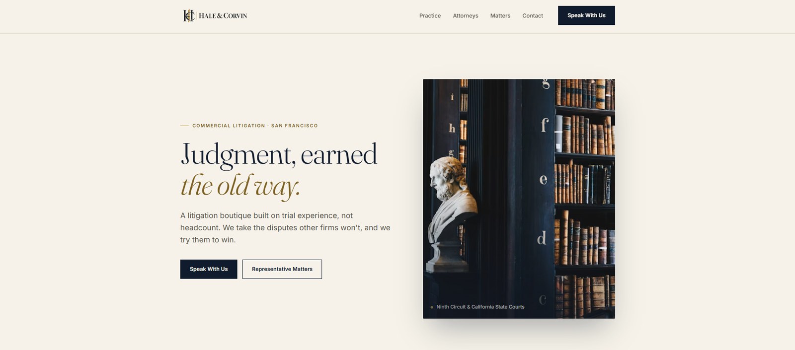Hale & Corvin homepage — hero with headline "Judgment, earned the old way."