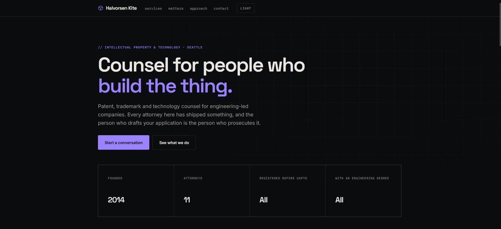 Halvorsen Kite homepage — hero with headline “Counsel for people who build the thing.”