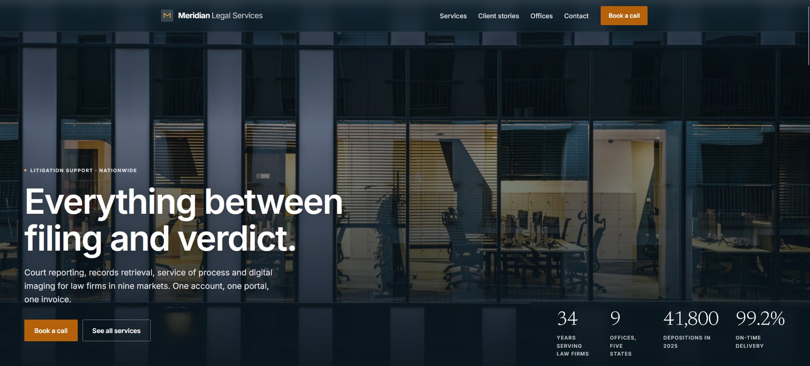Meridian Legal Services homepage — hero with headline "Everything between filing and verdict."