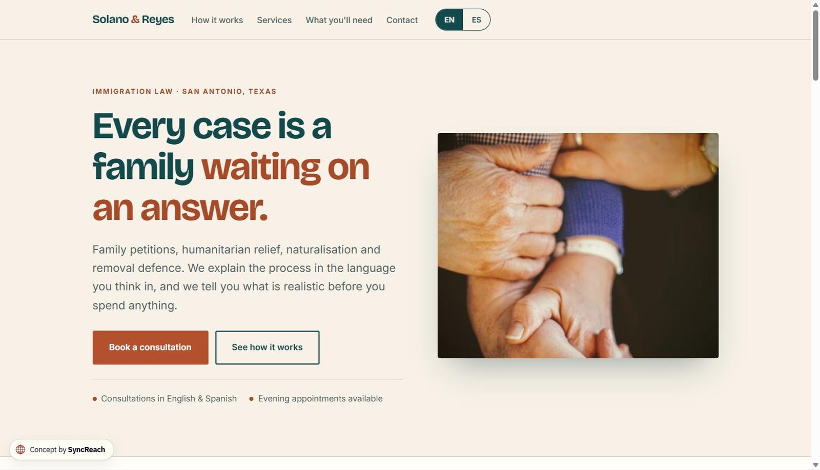 Solano & Reyes homepage — hero with headline “Every case is a family waiting on an answer.”