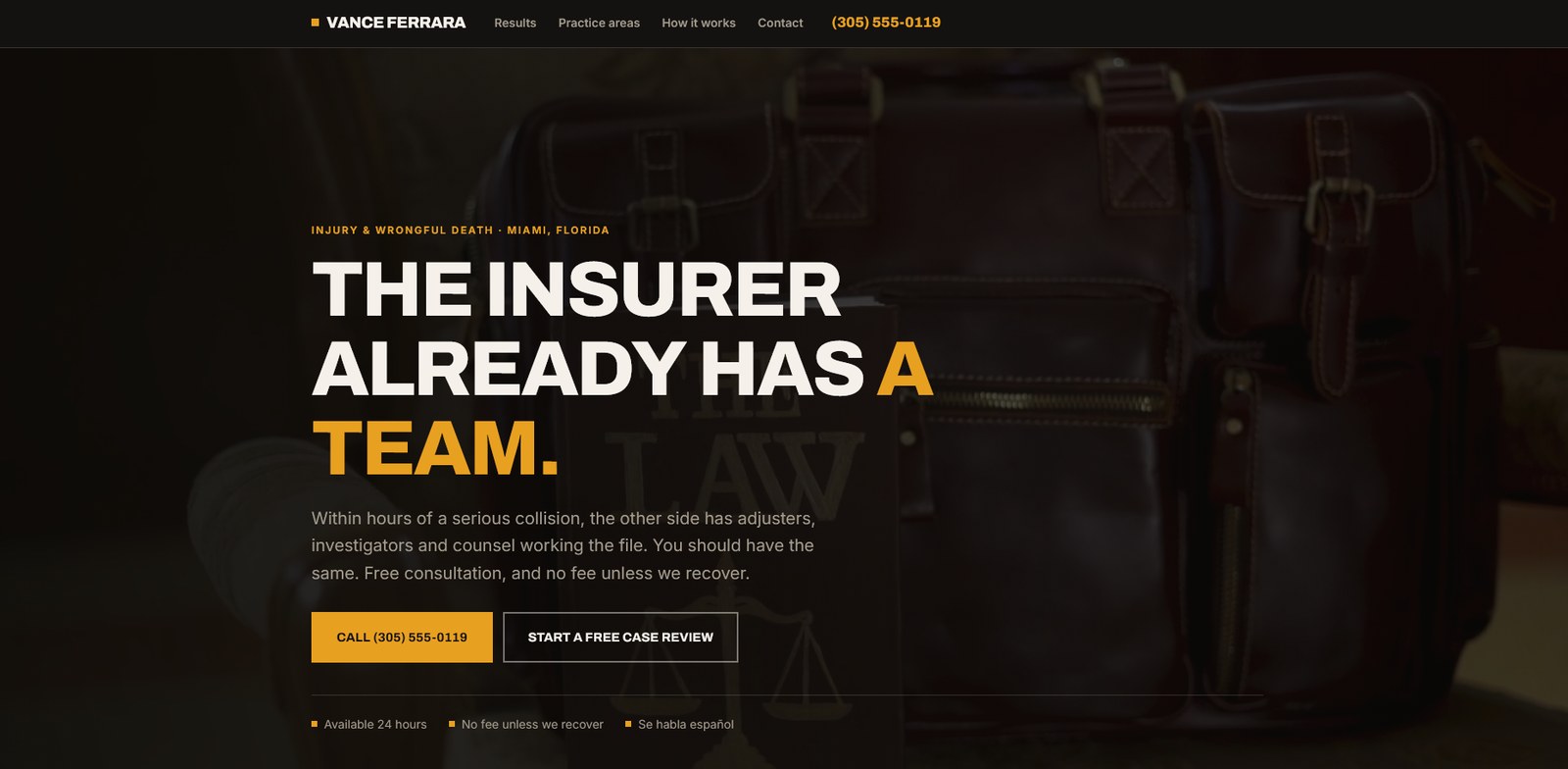 Vance Ferrara homepage — hero with headline “The insurer already has a team.”
