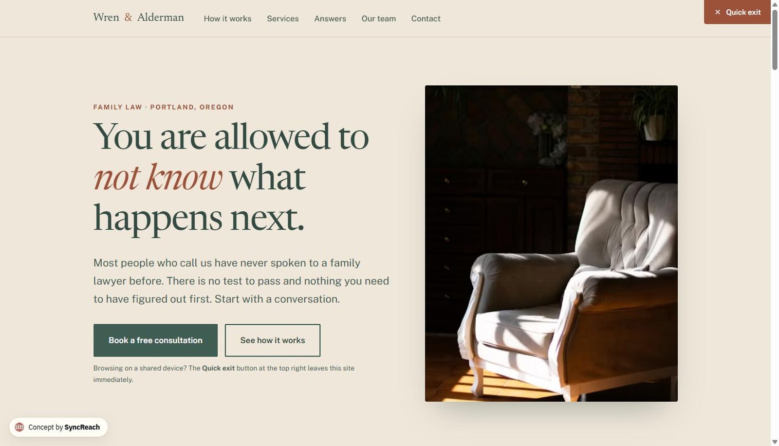Wren & Alderman homepage — hero with headline “You are allowed to not know what happens next.”